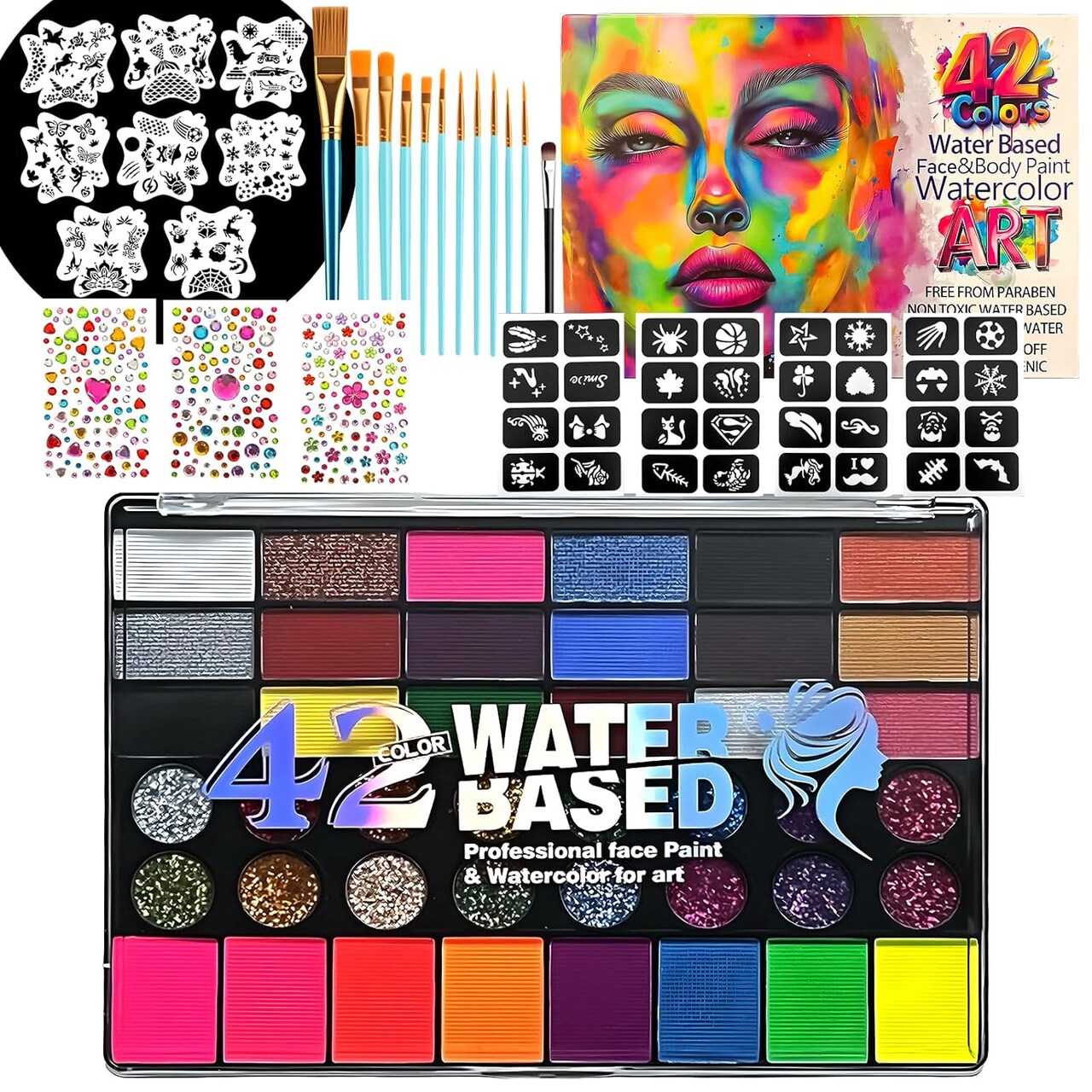 42-Color Kids Face Paint Kit – Water-Based, Non-Toxic Makeup Palette with UV Glow, Glitter & Matte Colors, Brushes, Stencils & Gems – Safe Face Painting Set for Halloween, Parties, Cosplay & Festivals (Multicolor)